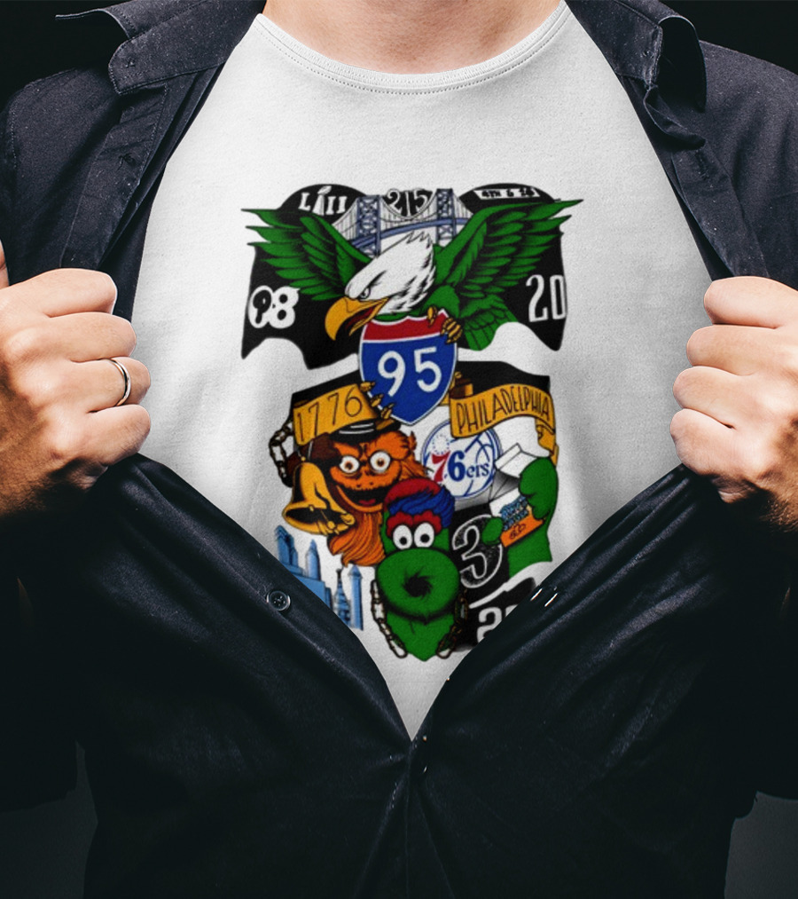 Philadelphia 215 Eagles 76ers 95 Gritty Fanatic 1776 98 26 20 Skyline LIII T-Shirt