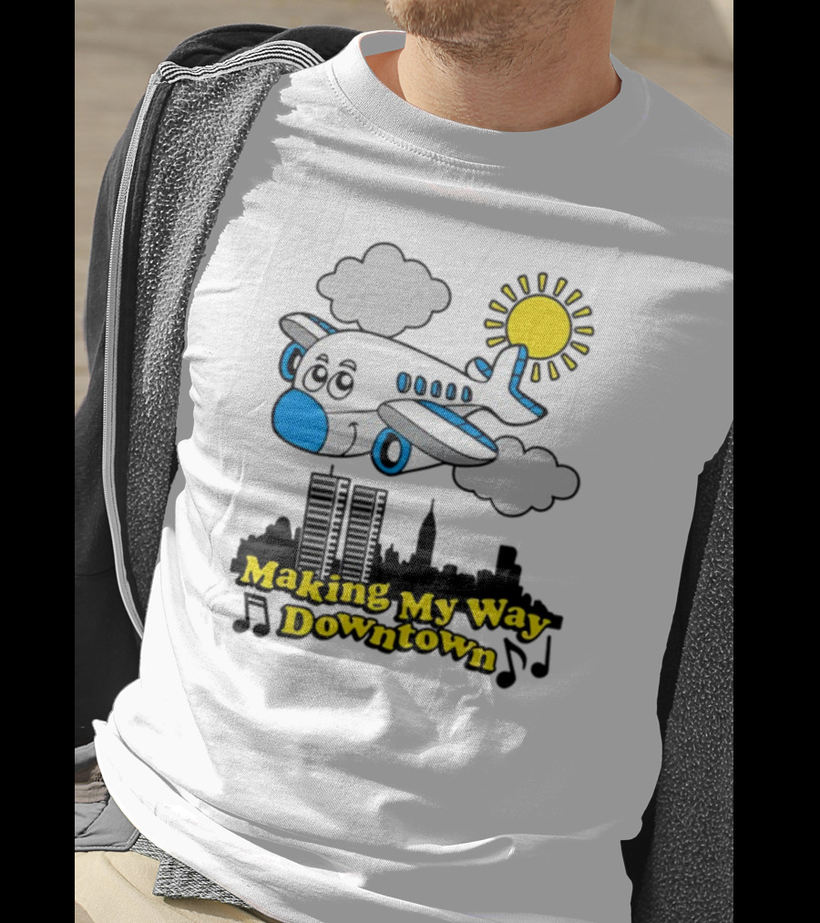 Making My Way Downtown Airplane City Skyline Sun Cloud Notes T-Shirt
