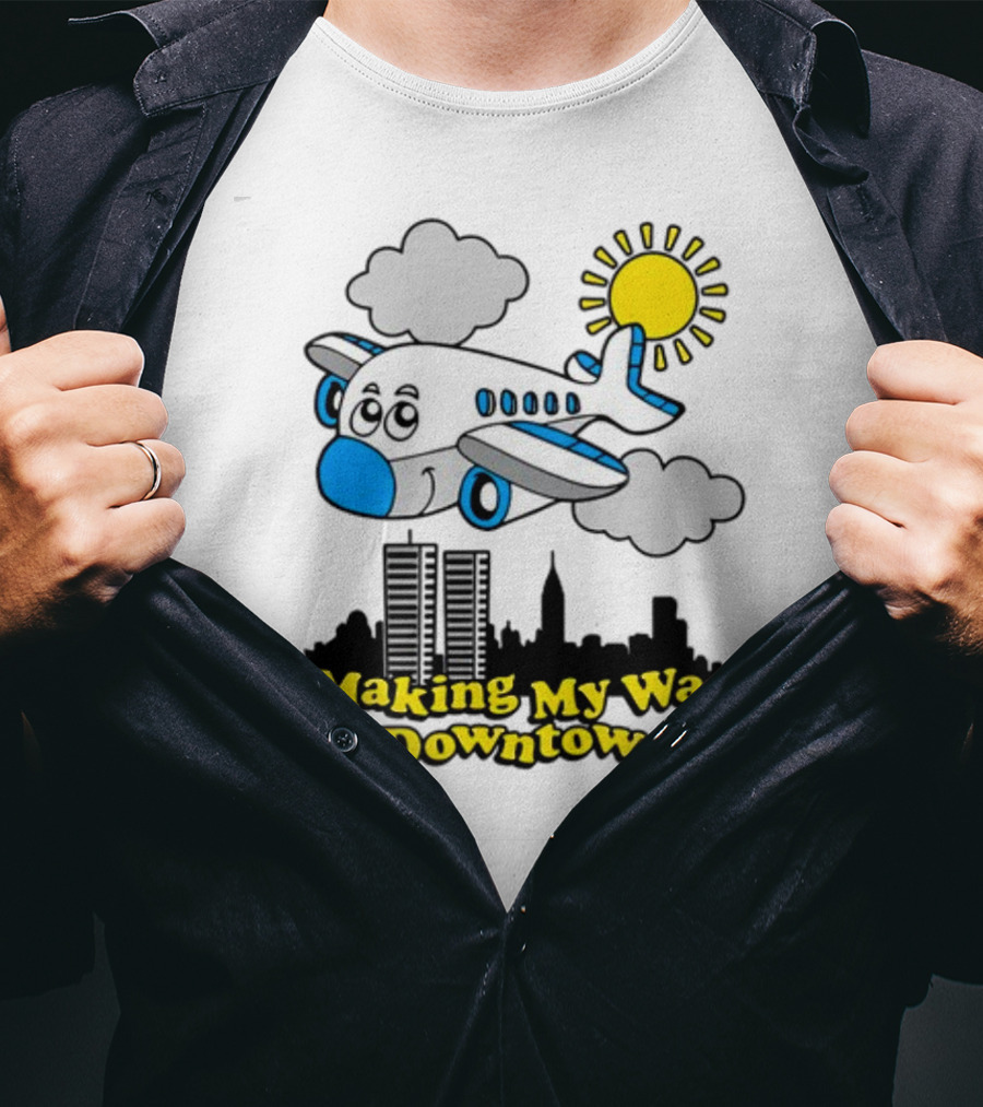 Making My Way Downtown Airplane City Skyline Sun Cloud Notes T-Shirt