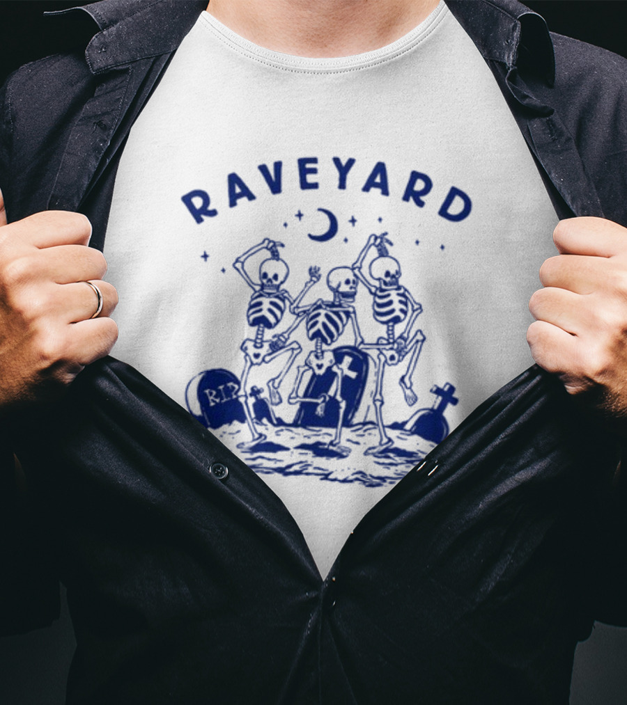 Raveyard Skeleton Dance Under Moon With Tombstones T-Shirt