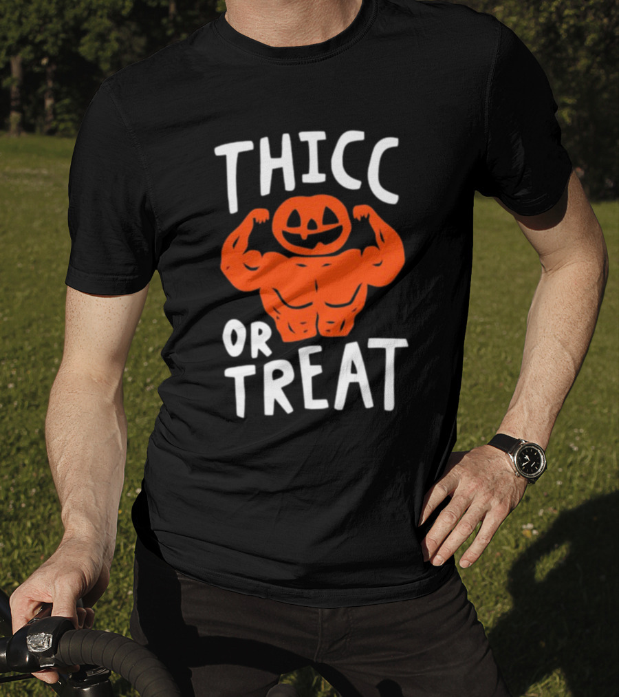 Thicc Or Treats Pumpkin Flexing Muscles T-Shirt