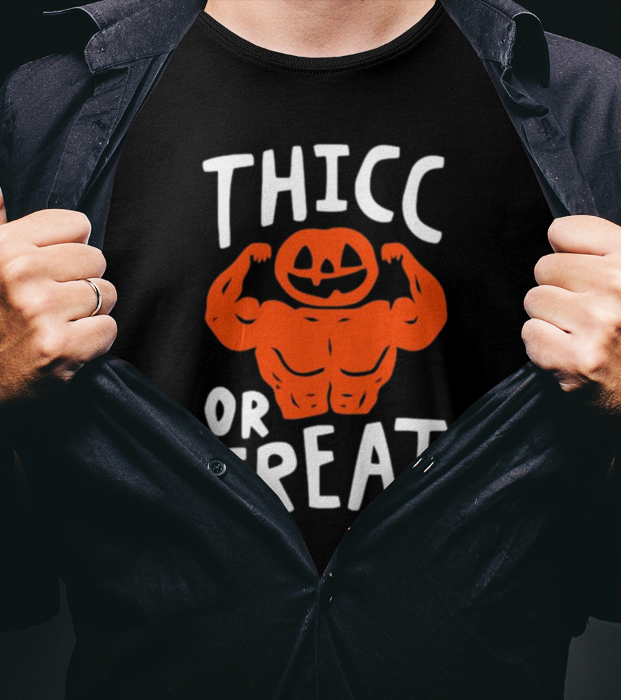 Thicc Or Treats Pumpkin Flexing Muscles T-Shirt