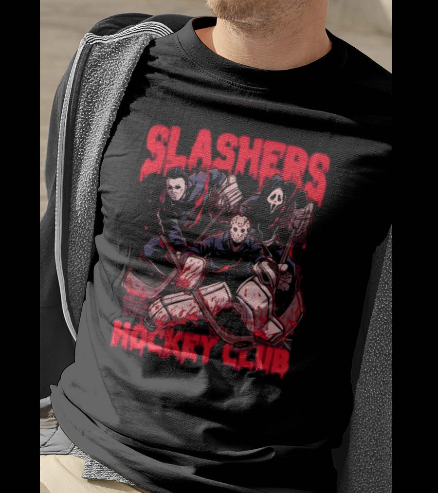 Slashers Hockey Club Horror Icons With Masks And Sticks T-Shirt
