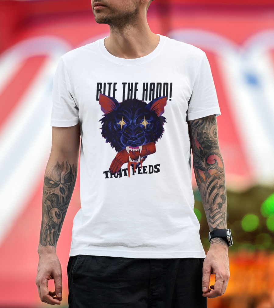 Galactixy Bite The Hand That Feeds Wolf with Glowing Eyes Holding Severed Hand T-Shirt