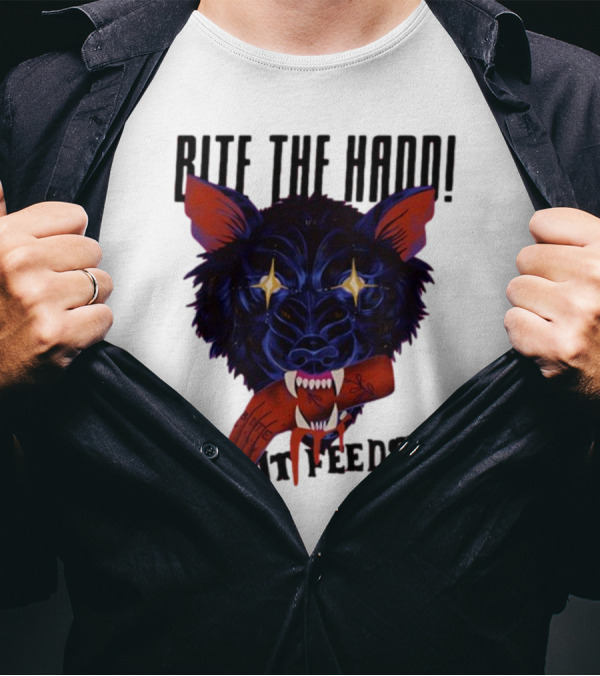 Galactixy Bite The Hand That Feeds Wolf With Glowing Eyes Holding Severed Hand T-Shirt