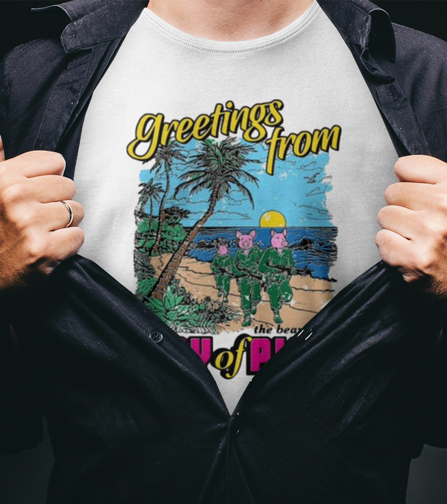 Greetings From The Beautiful Bay Of Pigs With Pig-Headed Soldiers And Tropical Beach Scene T-Shirt