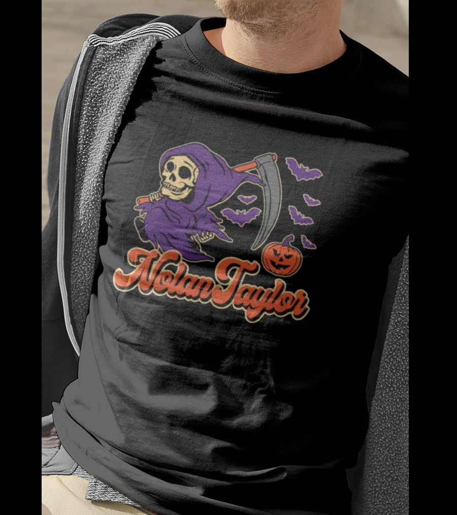 NolanTaylor Halloween Grim Reaper With Scythe And Pumpkin Bats T-Shirt