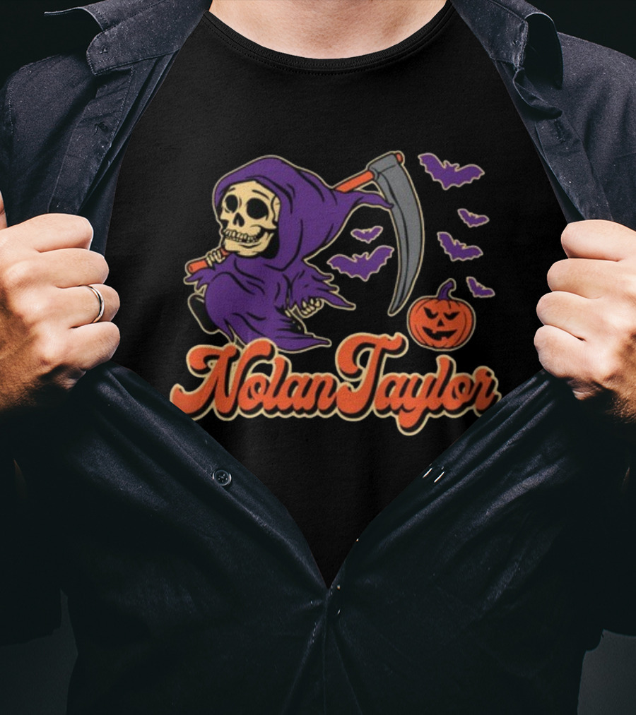 NolanTaylor Halloween Grim Reaper With Scythe And Pumpkin Bats T-Shirt