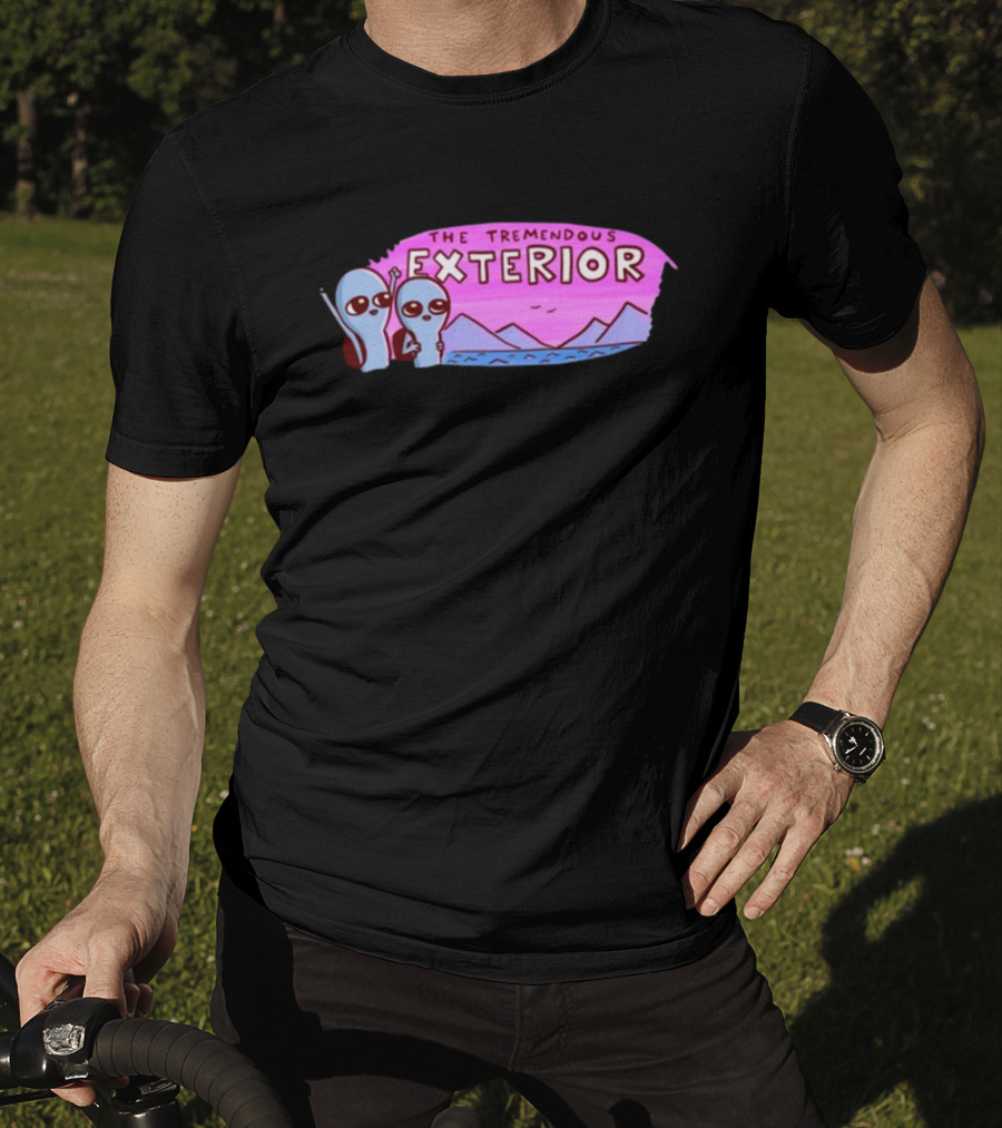Strange Planet The Tremendous Exterior Alien Characters With Mountains And Pink Sky Scene T-Shirt