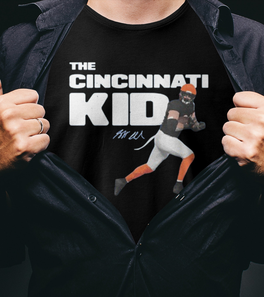 The Cincinnati Kid Football Player Graphic With Signature In Orange And Black T-Shirt