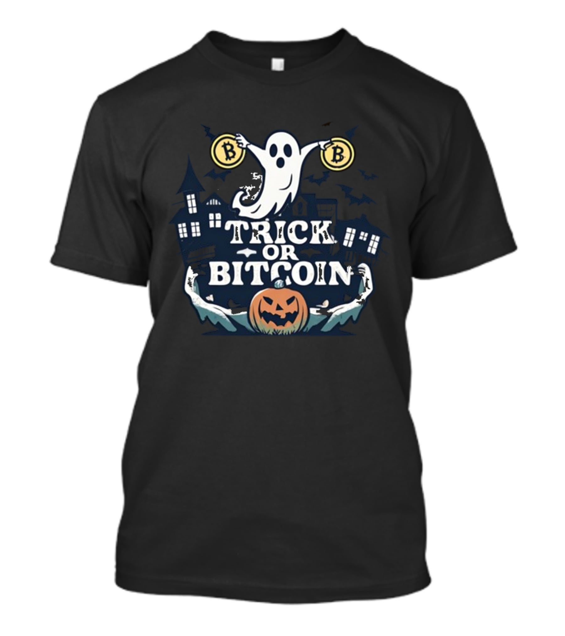 Fomo21 Ghostly Trick Or Bitcoin With Halloween Pumpkin And Spooky Houses T-Shirt