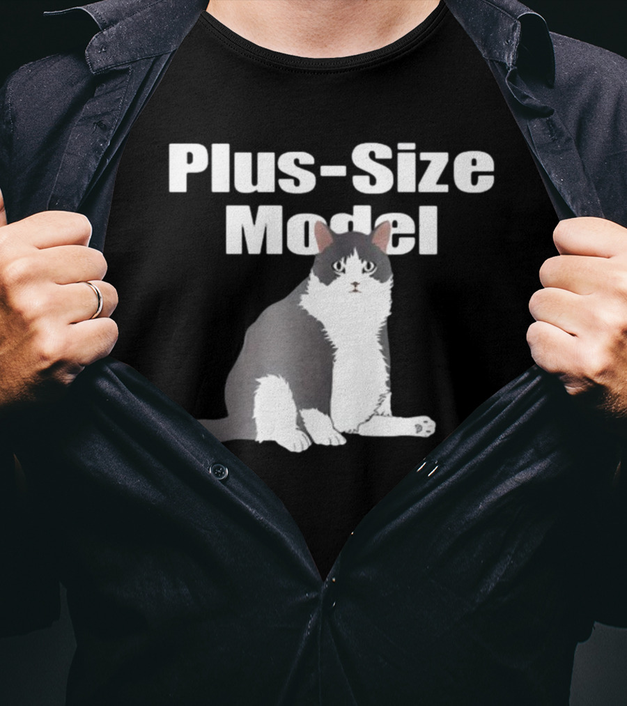 Plus-Size Model Cade Cat White Text Black Background Sitting Gray And White Cat Image T-Shirt