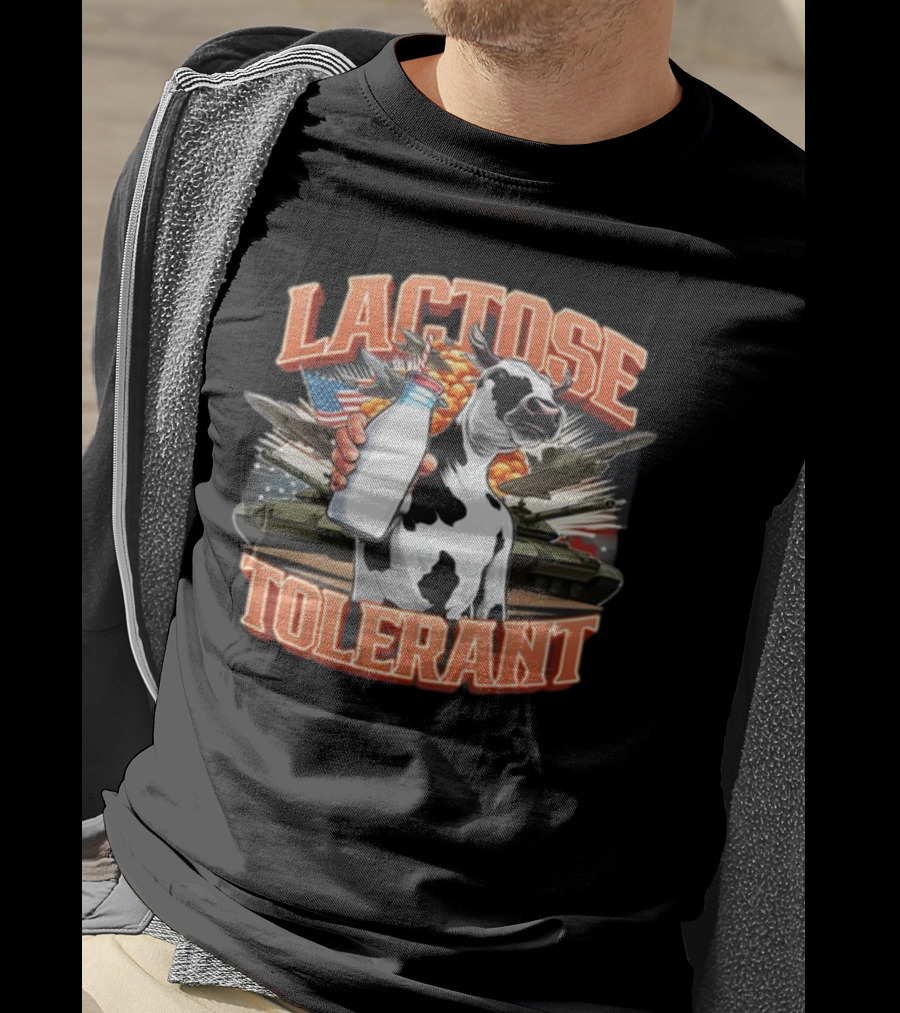 Lactose Tolerant Cow Holding Milk With Explosive Flags And Tanks T-Shirt