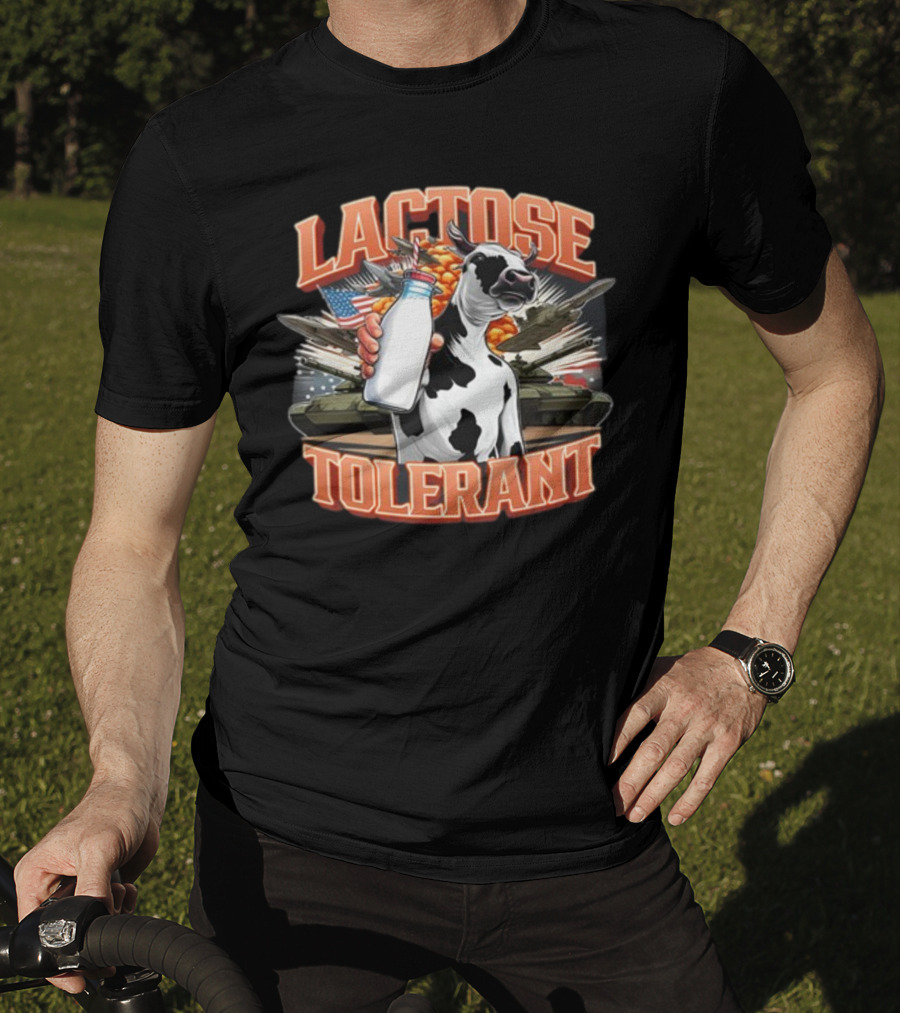 Lactose Tolerant Cow Holding Milk With Explosive Flags And Tanks T-Shirt