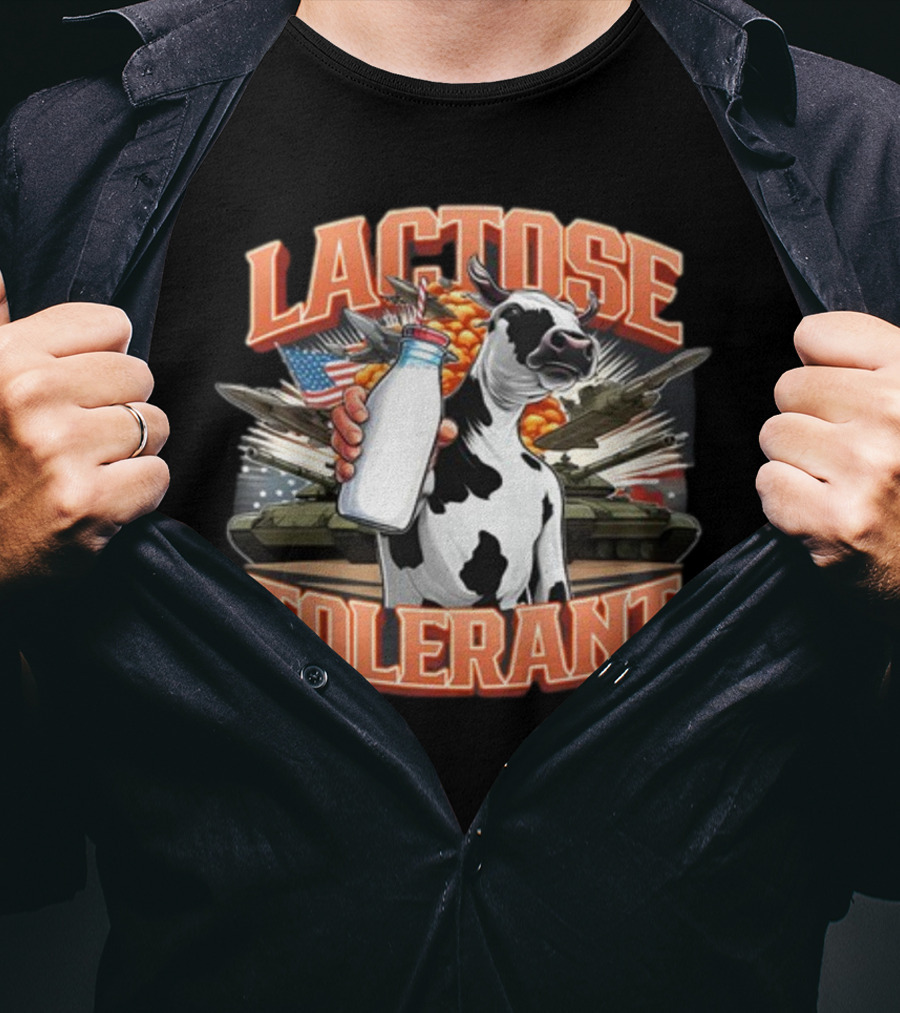 Lactose Tolerant Cow Holding Milk With Explosive Flags And Tanks T-Shirt
