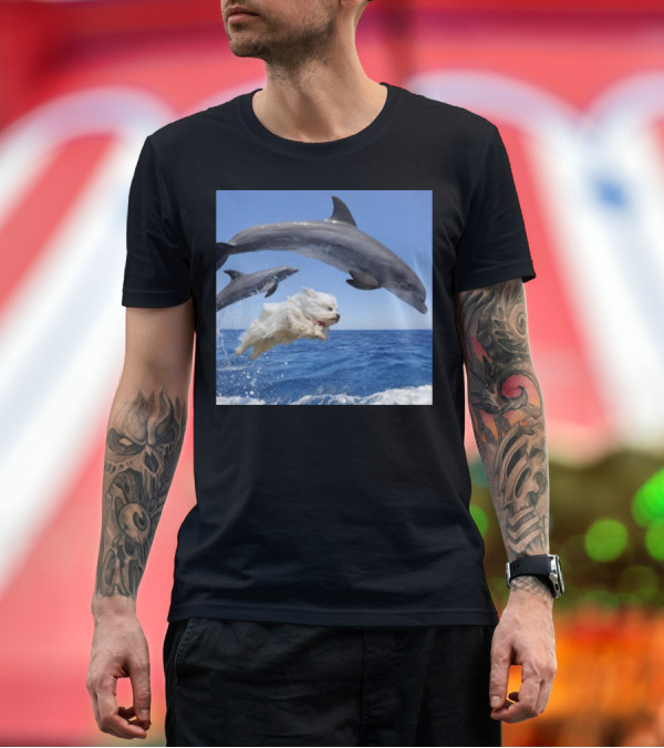 Premium T-Shirt: Dog Swimming With Jumping Dolphins Ocean Scene T-Shirt Dog Swimming With Jumping Dolphins Ocean Scene T-Shirt