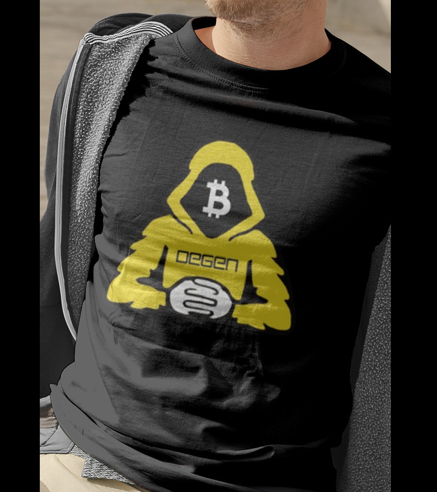 Bitcoin Degen Hooded Figure With Bitcoin Logo And Folded Hands T-Shirt