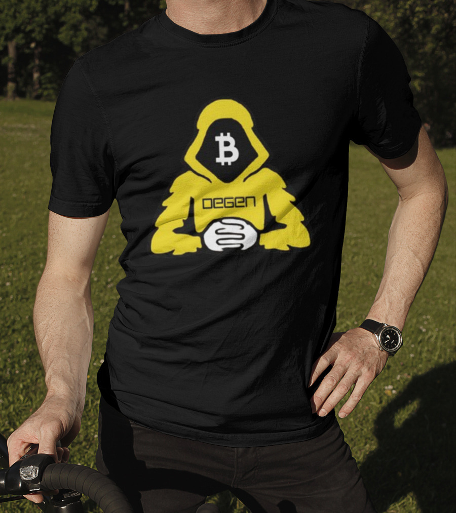 Bitcoin Degen Hooded Figure With Bitcoin Logo And Folded Hands T-Shirt
