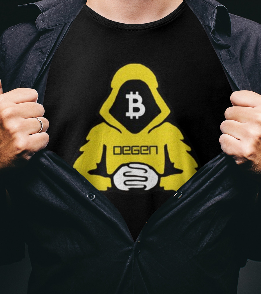 Bitcoin Degen Hooded Figure With Bitcoin Logo And Folded Hands T-Shirt