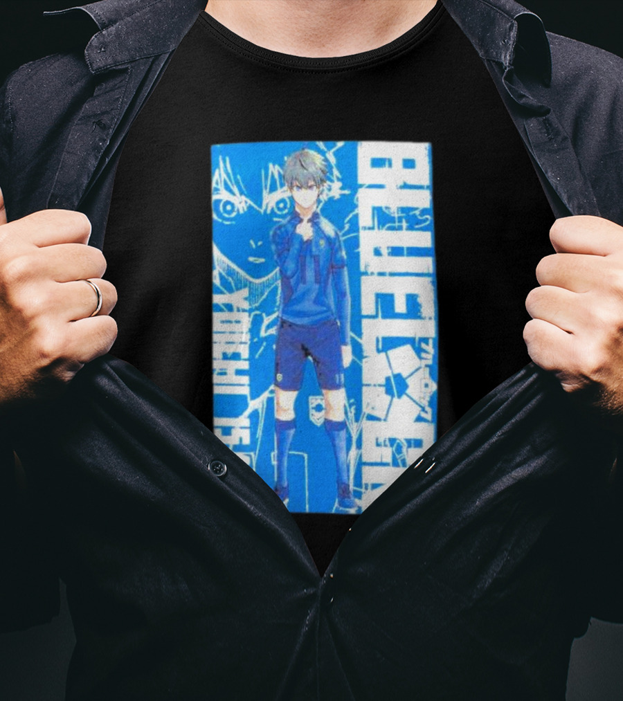 Blue Lock Isagi Yoichi Anime Soccer Character Bold Blue T-Shirt
