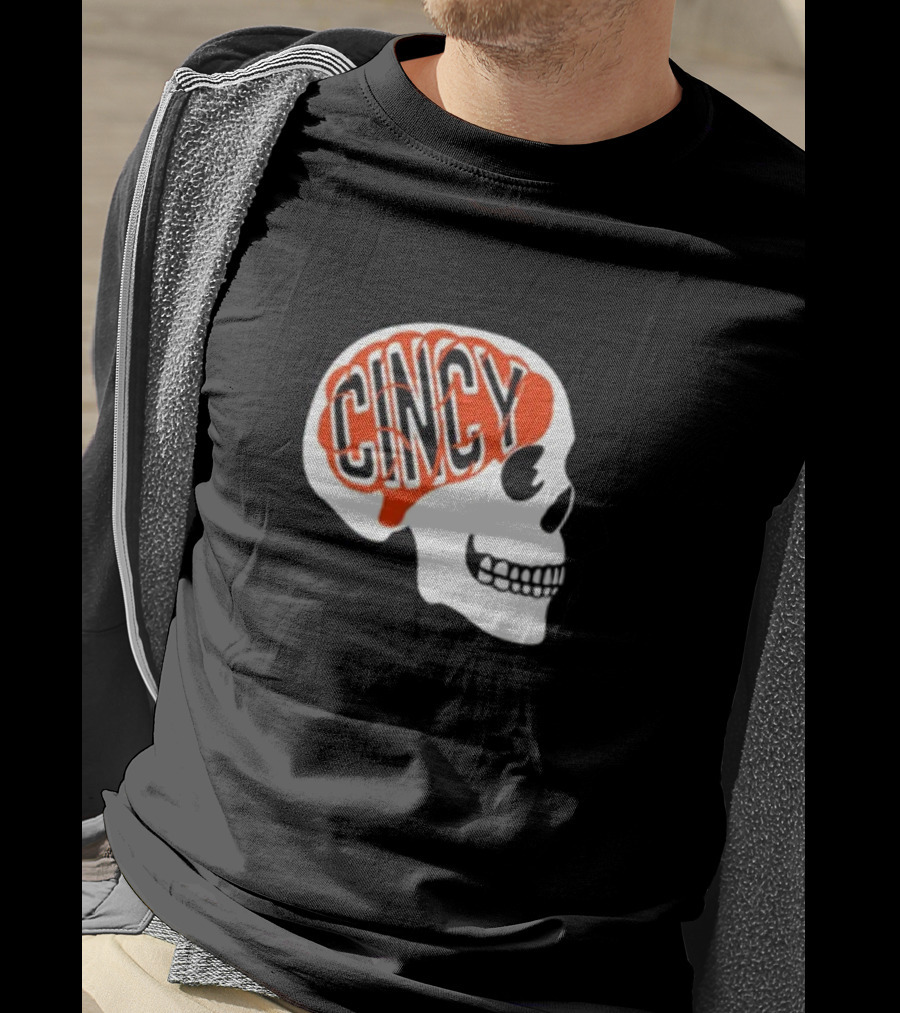Cincy On The Brain Football Helmet Skull T-Shirt