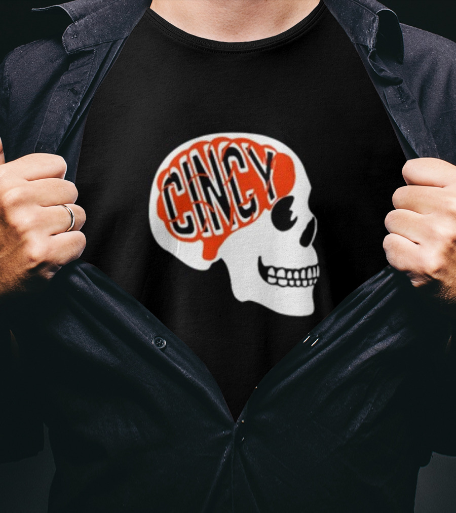Cincy On The Brain Football Helmet Skull T-Shirt