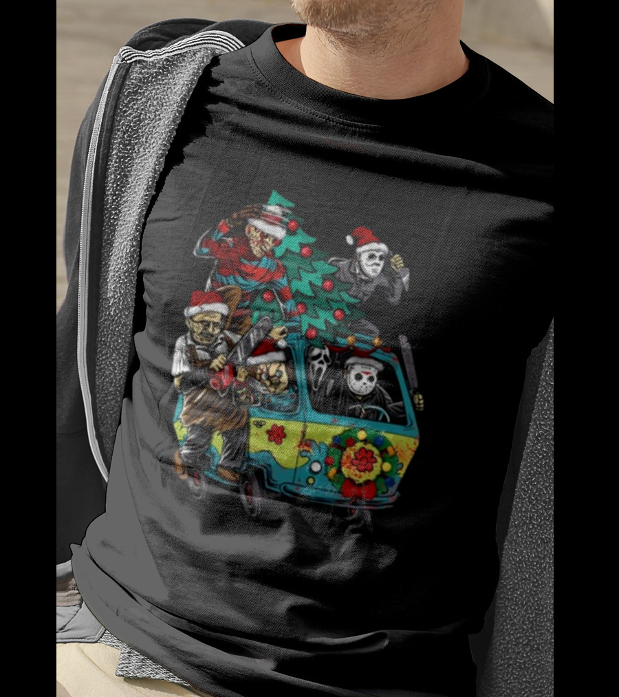 Horror Movie Characters In Christmas Santa Hats With Tree On Fun Van T-Shirt
