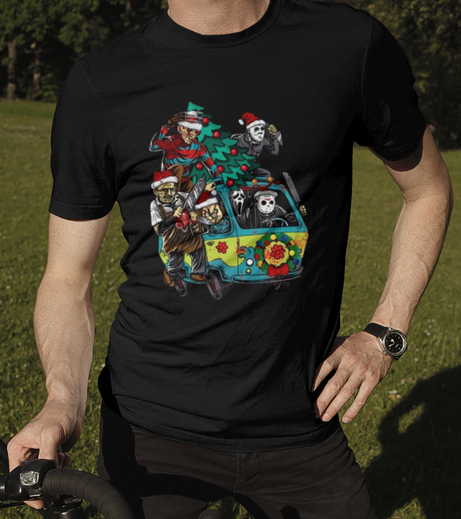 Horror Movie Characters In Christmas Santa Hats With Tree On Fun Van T-Shirt