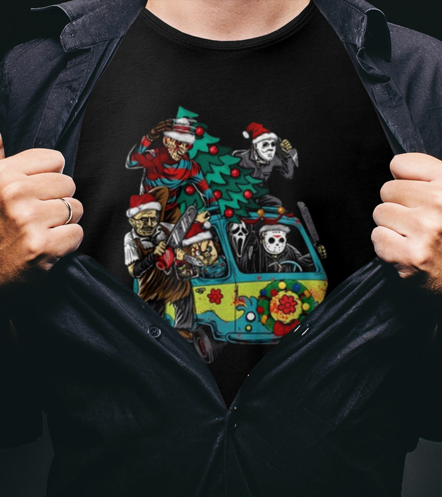Horror Movie Characters In Christmas Santa Hats With Tree On Fun Van T-Shirt