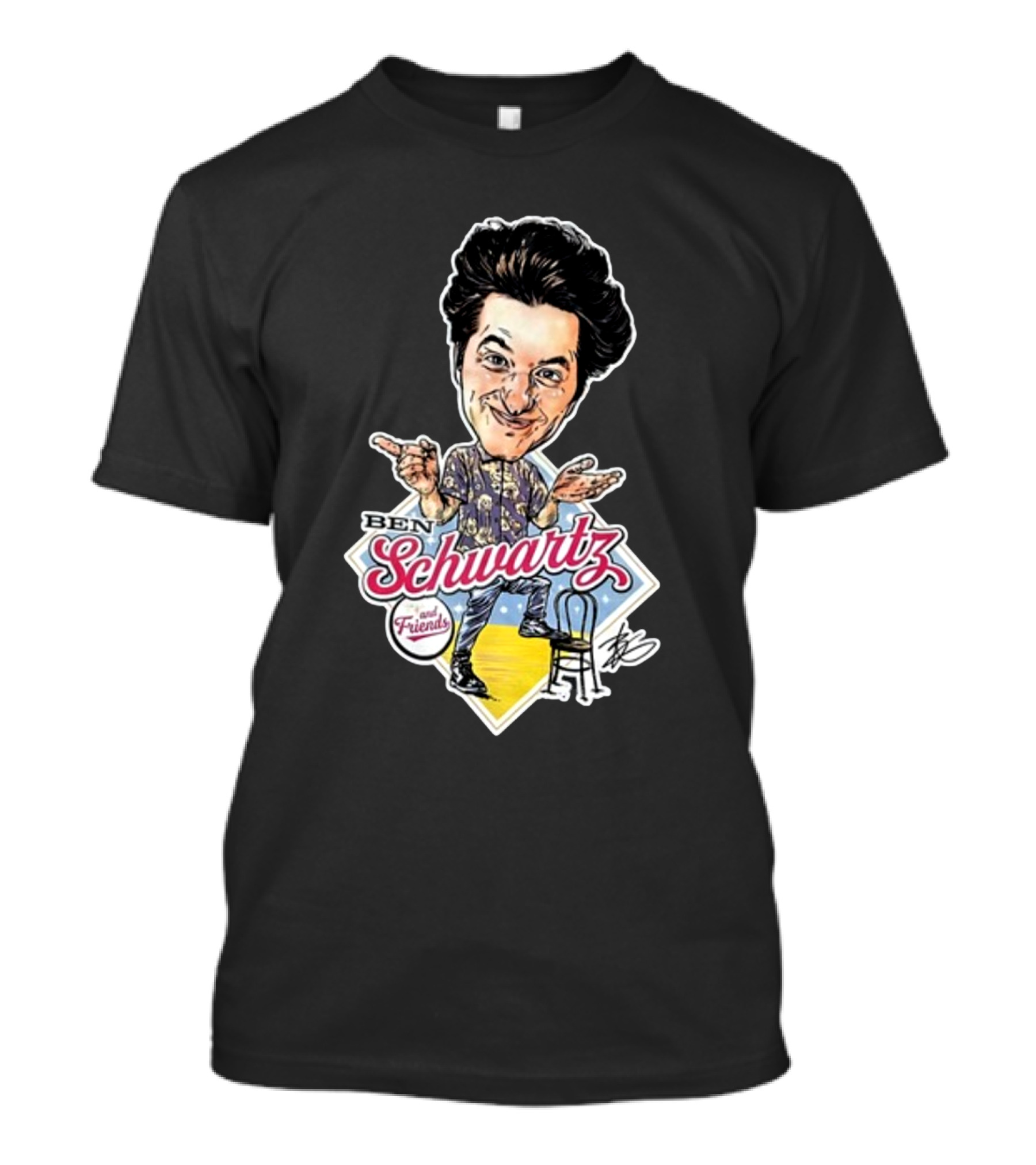 Ben Schwartz Character Illustration With Yellow Stage And Blue Chair T-Shirt