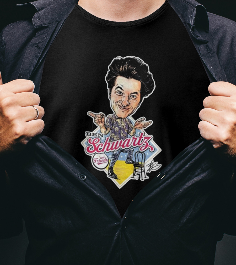 Ben Schwartz Character Illustration With Yellow Stage And Blue Chair T-Shirt