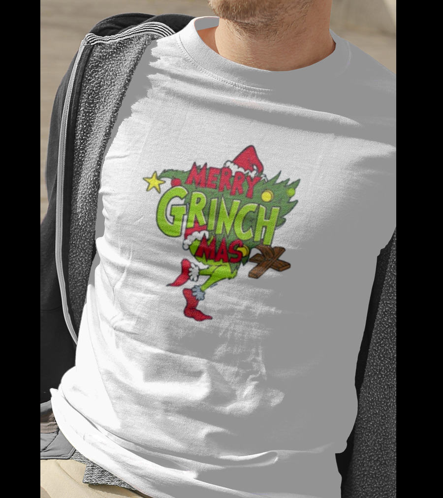 Merry Grinchmas Tree With Santa Hat And Holiday Decorations T-Shirt