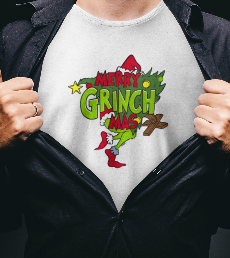 Merry Grinchmas Tree With Santa Hat And Holiday Decorations T-Shirt
