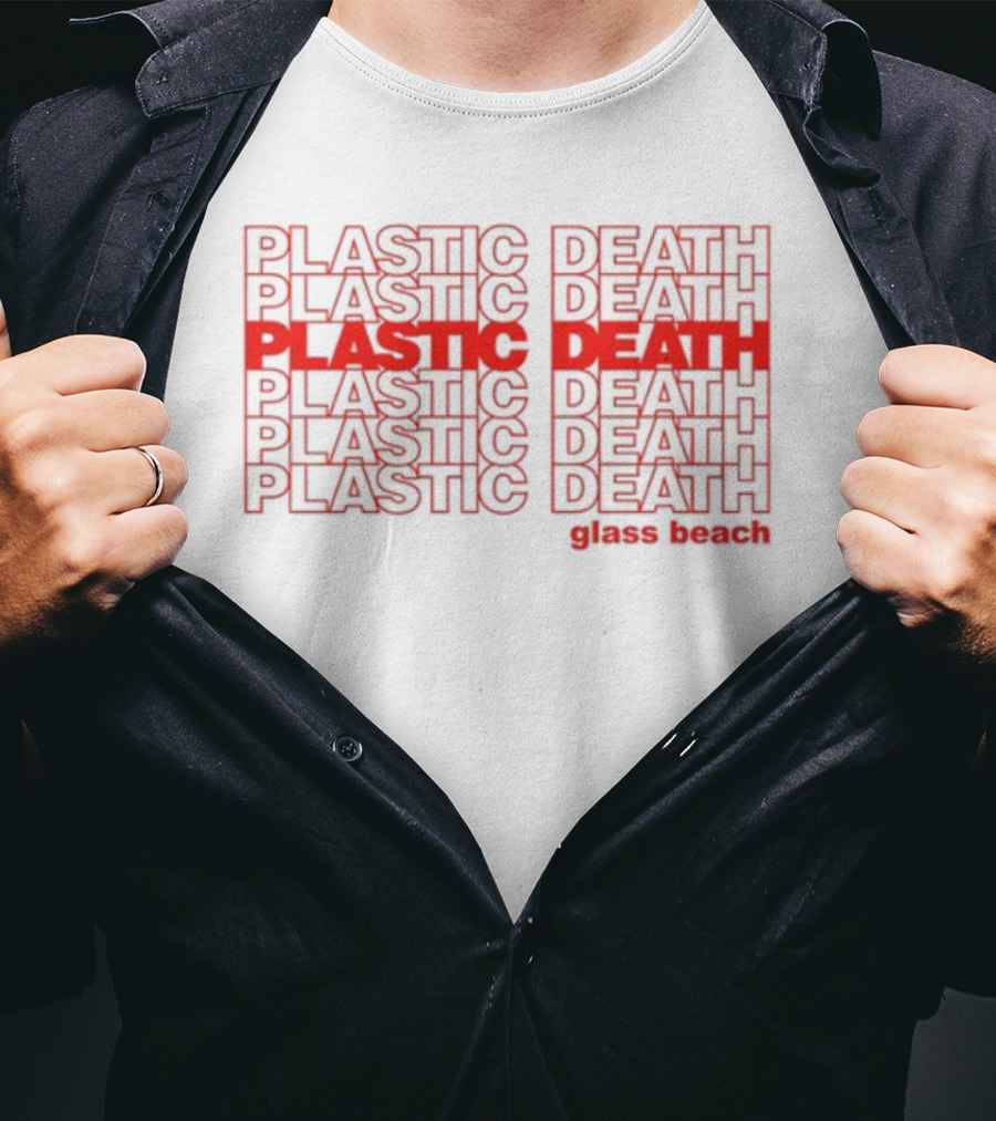Plastic Death Glass Beach Repeated Text Ringer T-Shirt