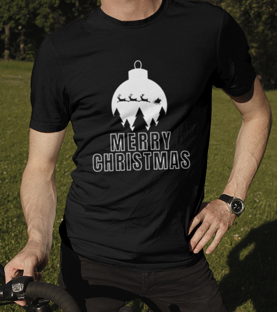 Merry Christmas Ornament Reindeer Sleigh And Trees T-Shirt