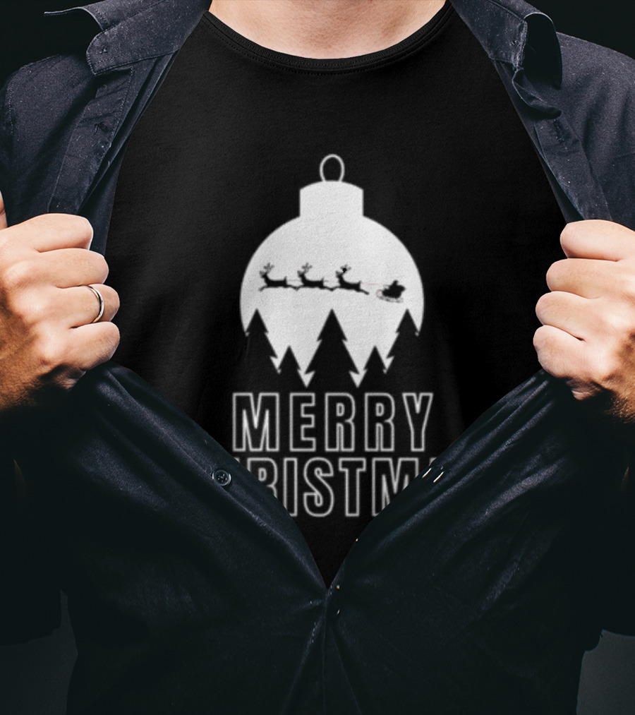 Merry Christmas Ornament Reindeer Sleigh And Trees T-Shirt