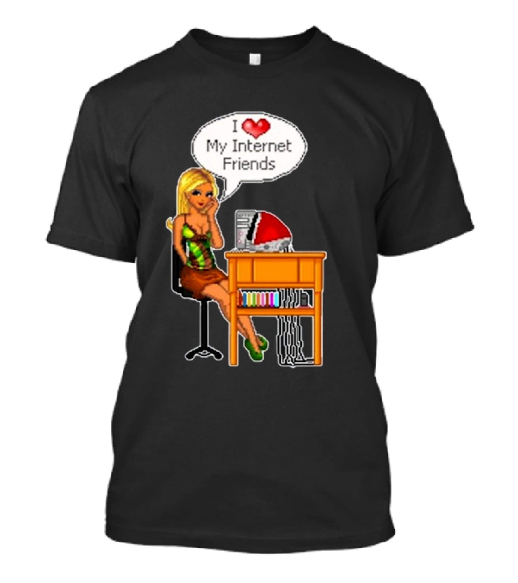 Cherrykitten I Love My Internet Friends Y2K Vintage Blonde Girl At Desk Pixel T-Shirt