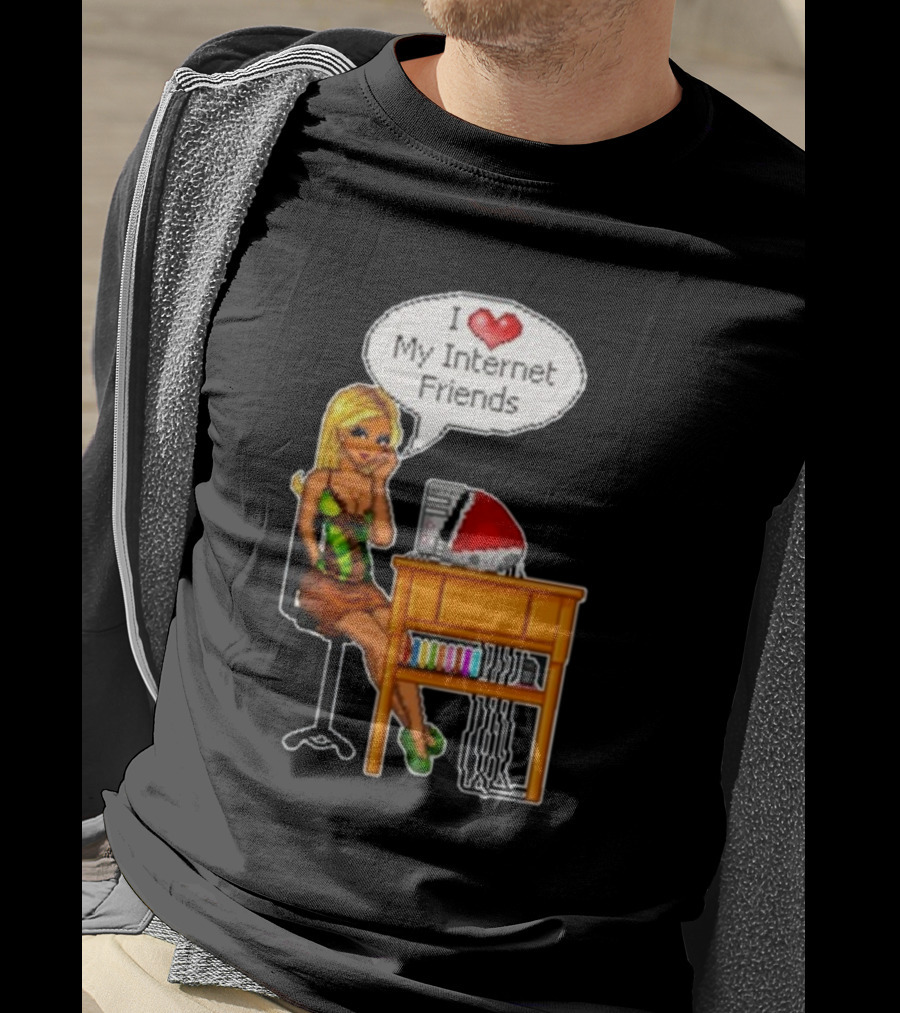 Cherrykitten I Love My Internet Friends Y2K Vintage Blonde Girl At Desk Pixel T-Shirt