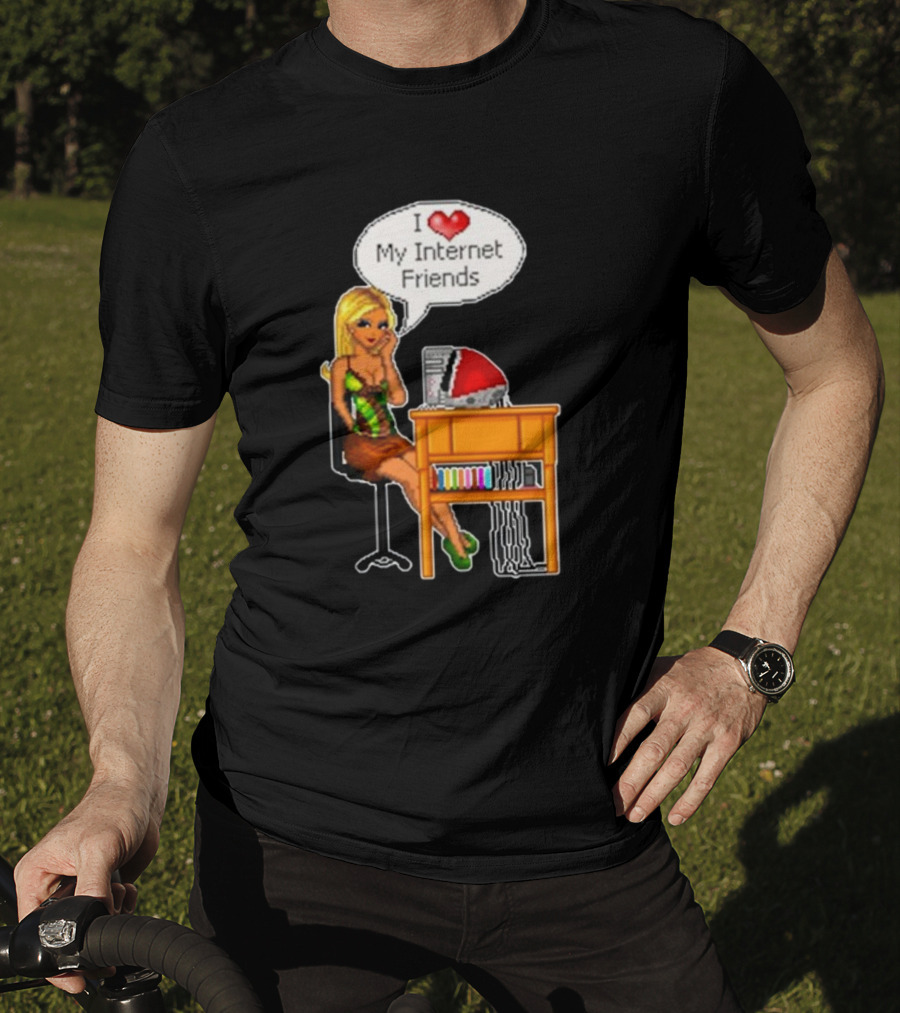 Cherrykitten I Love My Internet Friends Y2K Vintage Blonde Girl At Desk Pixel T-Shirt