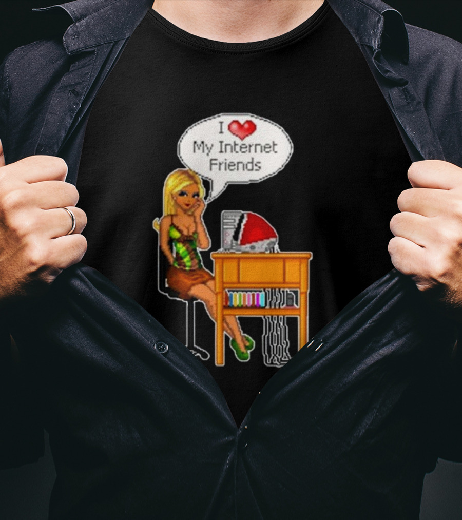 Cherrykitten I Love My Internet Friends Y2K Vintage Blonde Girl At Desk Pixel T-Shirt