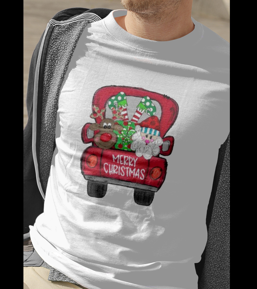 Merry Christmas Santa And Reindeer With Presents In Truck T-Shirt