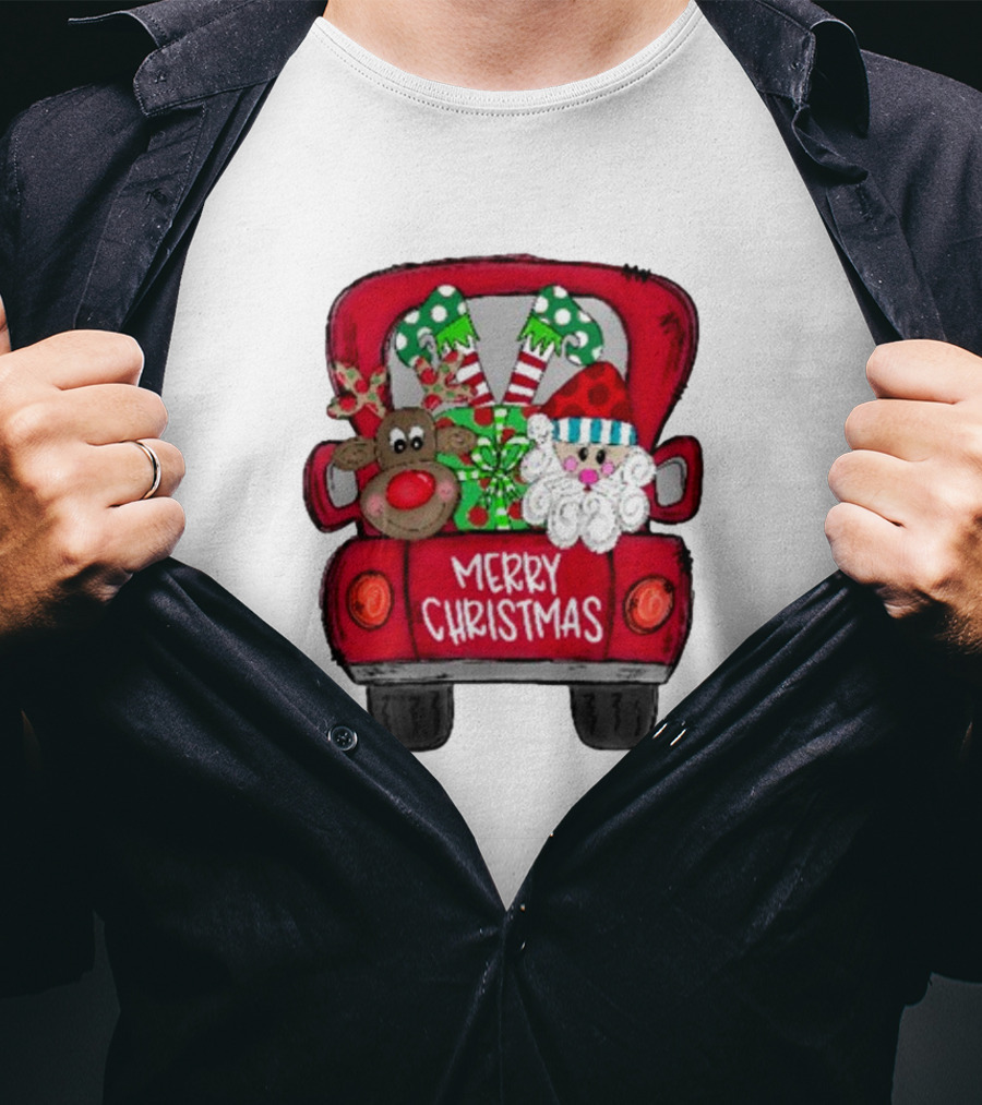 Merry Christmas Santa And Reindeer With Presents In Truck T-Shirt