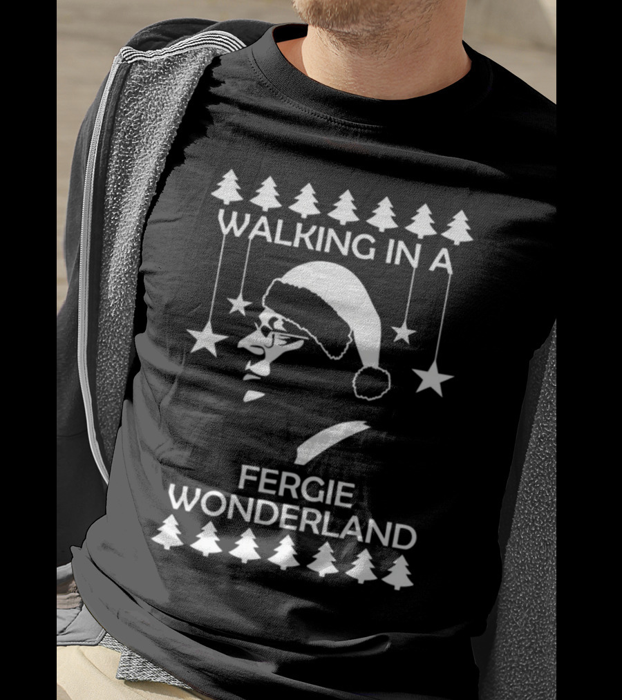 Walking In A Fergie Wonderland Christmas Festive Santa Hat Trees Stars T-Shirt