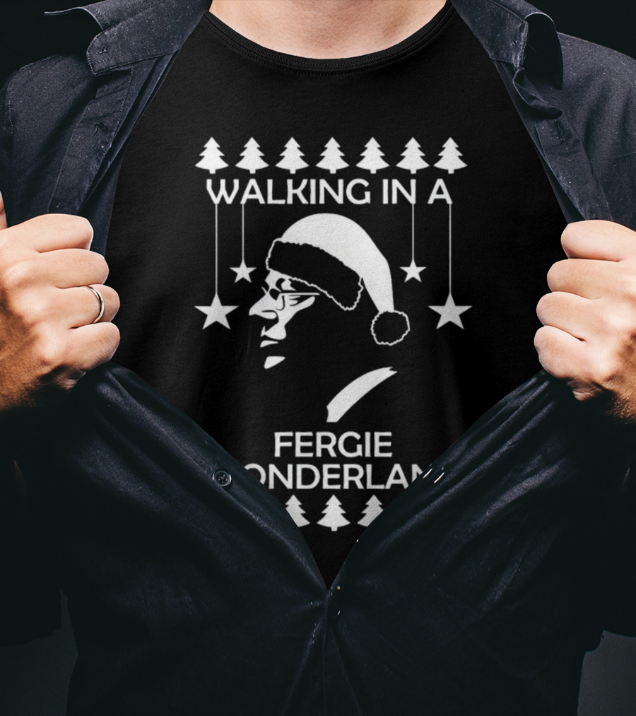 Walking In A Fergie Wonderland Christmas Festive Santa Hat Trees Stars T-Shirt