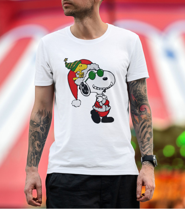 Premium T-Shirt: Snoopy and Woodstock Peanuts Merry Christmas Santa Hat and Sunglasses T-Shirt Snoopy and Woodstock Peanuts Merry Christmas Santa Hat and Sunglasses T-Shirt