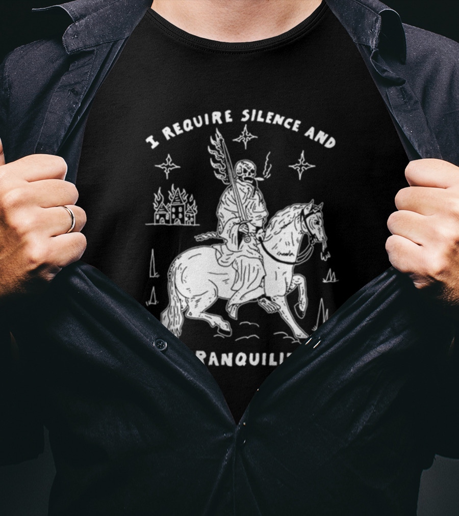 I Require Silence And Tranquility Grim Reaper On Horse With Burning Castle And Stars T-Shirt