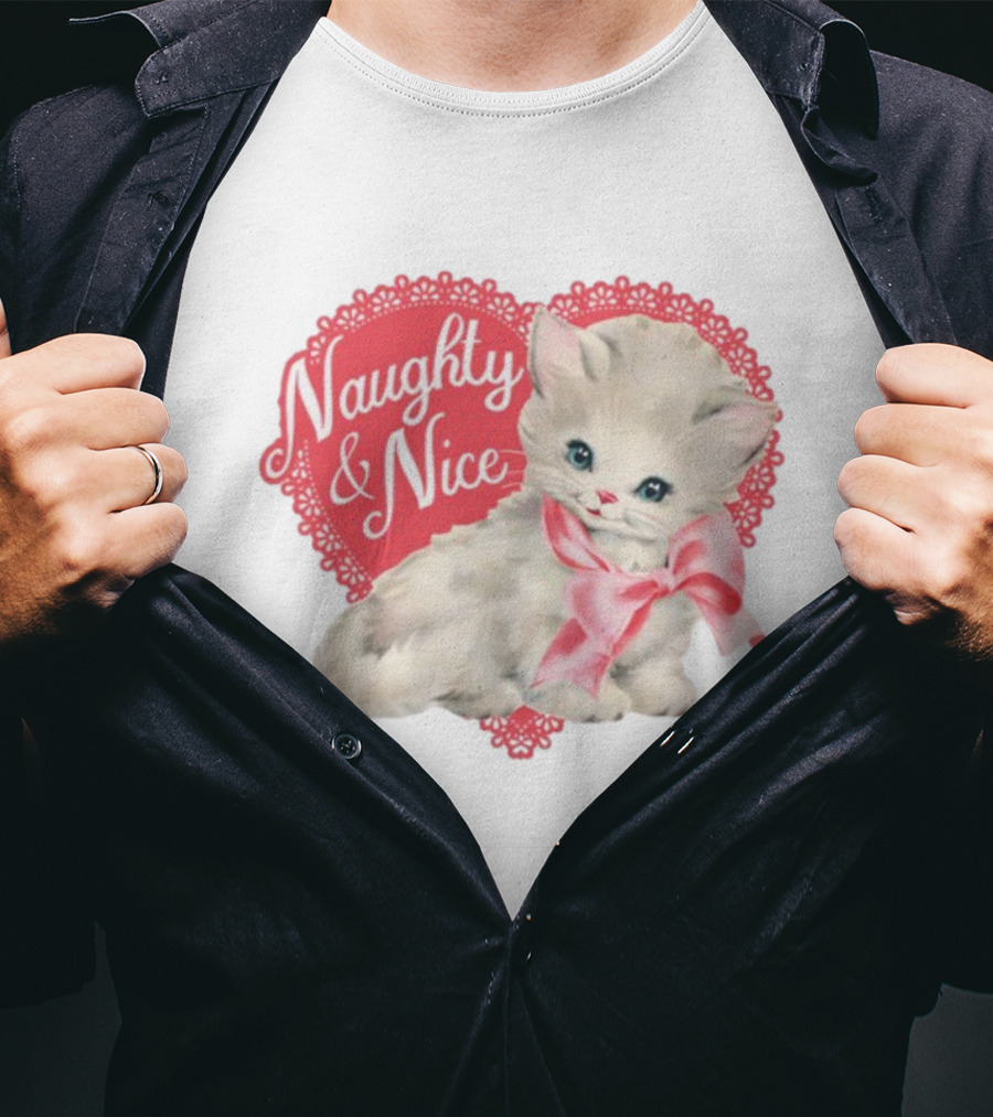 Nessa Barrett Store Naughty And Nice Kitten Heart Bow T-Shirt