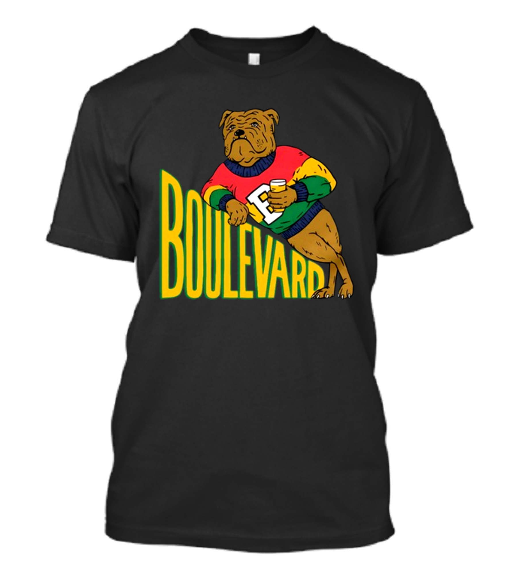 Boulevard Bully Dog In Colorful Sweater Holding Drink T-Shirt
