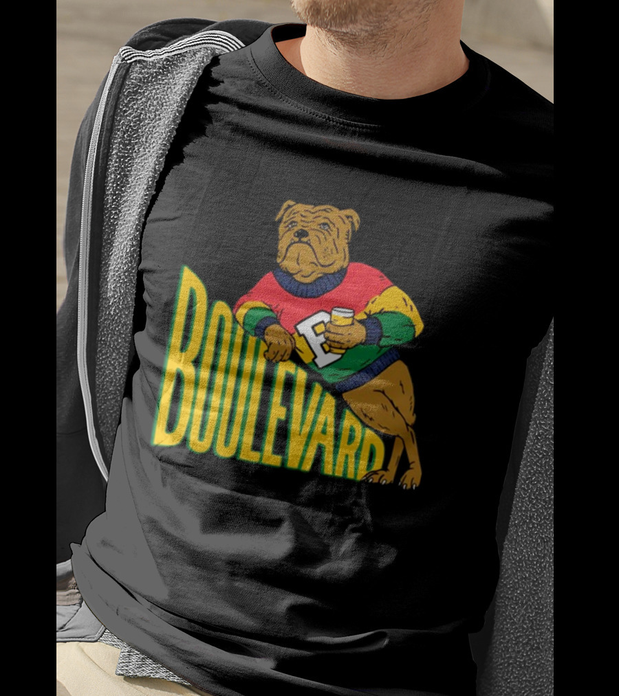 Boulevard Bully Dog In Colorful Sweater Holding Drink T-Shirt