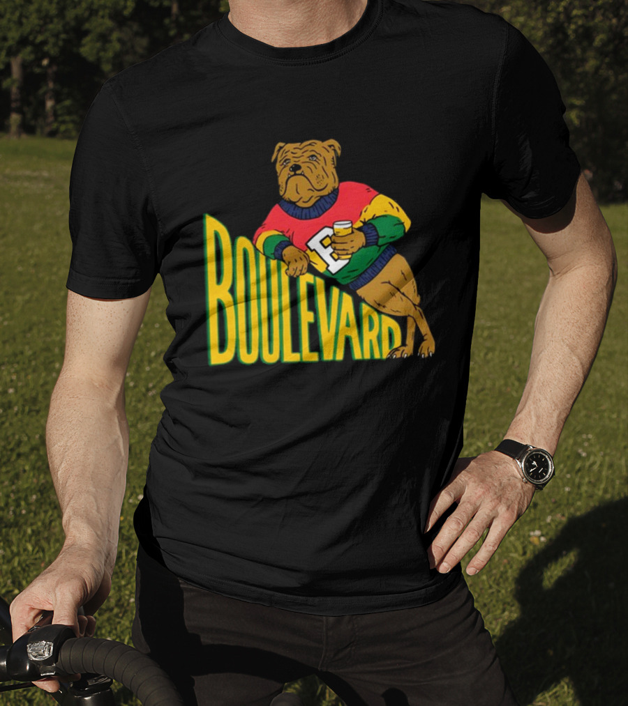 Boulevard Bully Dog In Colorful Sweater Holding Drink T-Shirt